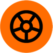 A picture of an orange circle with a black wheel.