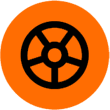 A picture of an orange circle with a black wheel.